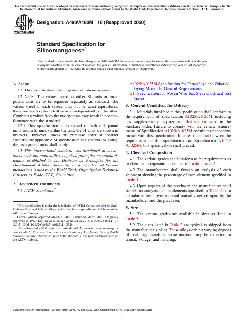 ASTM A483/A483M-10(2020) - Standard Specification for Silicomanganese