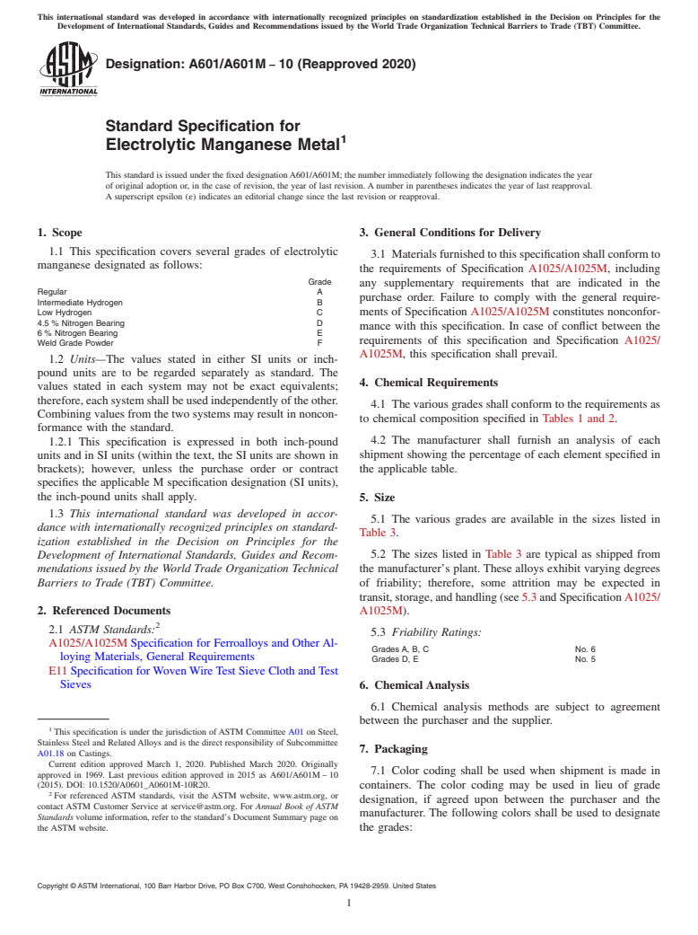 ASTM A601/A601M-10(2020) - Standard Specification for  Electrolytic Manganese Metal