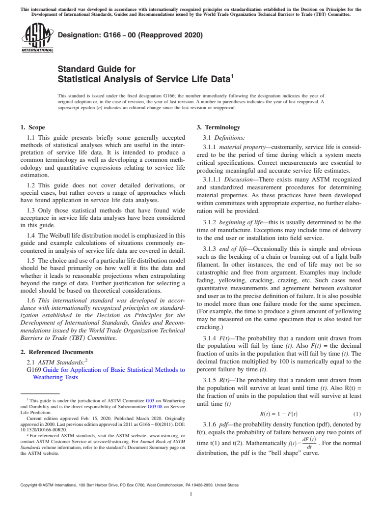 ASTM G166-00(2020) - Standard Guide for  Statistical Analysis of Service Life Data