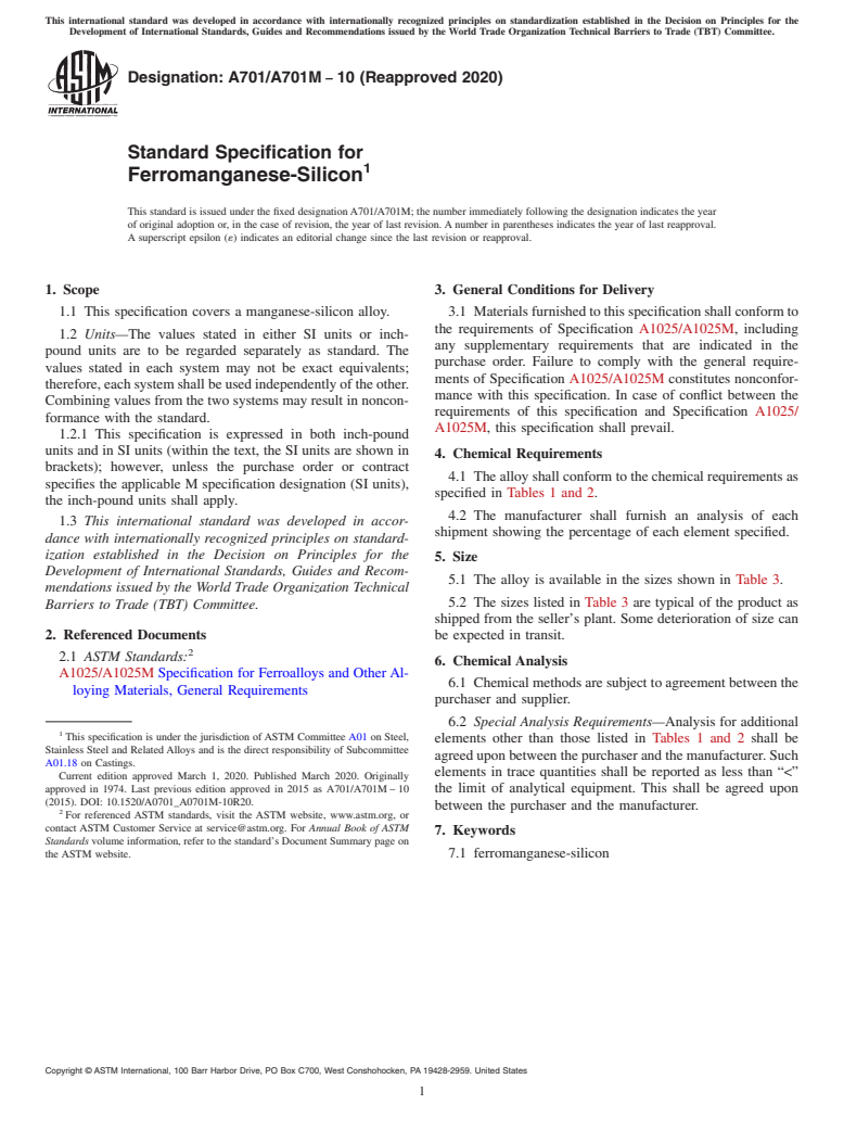 ASTM A701/A701M-10(2020) - Standard Specification for Ferromanganese-Silicon