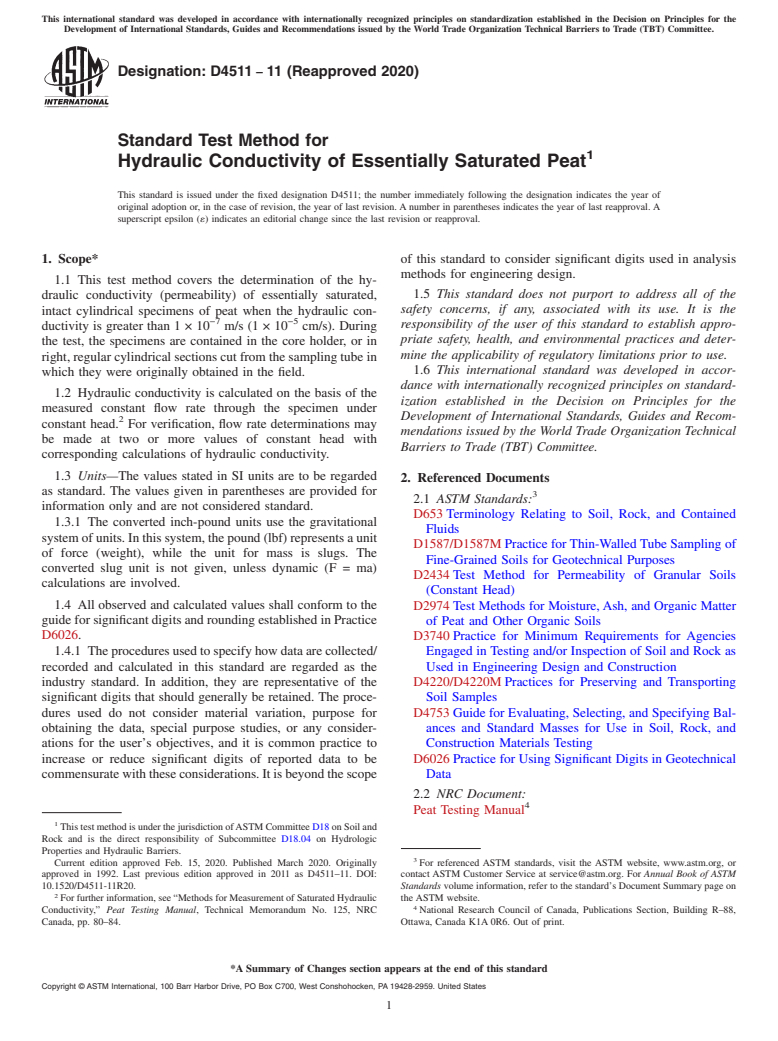 ASTM D4511-11(2020) - Standard Test Method for Hydraulic Conductivity of Essentially Saturated Peat