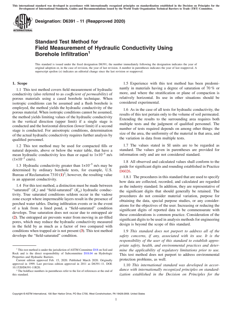 ASTM D6391-11(2020) - Standard Test Method for  Field Measurement of Hydraulic Conductivity Using Borehole   Infiltration