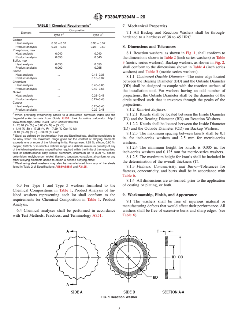 ASTM F3394/F3394M-20 - Standard Specification for Hardened Steel Backup and Reaction Washers Inch and Metric  Dimensions<rangeref></rangeref  >