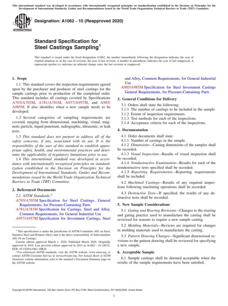 ASTM A1062-10(2020) - Standard Specification for Steel Castings Sampling