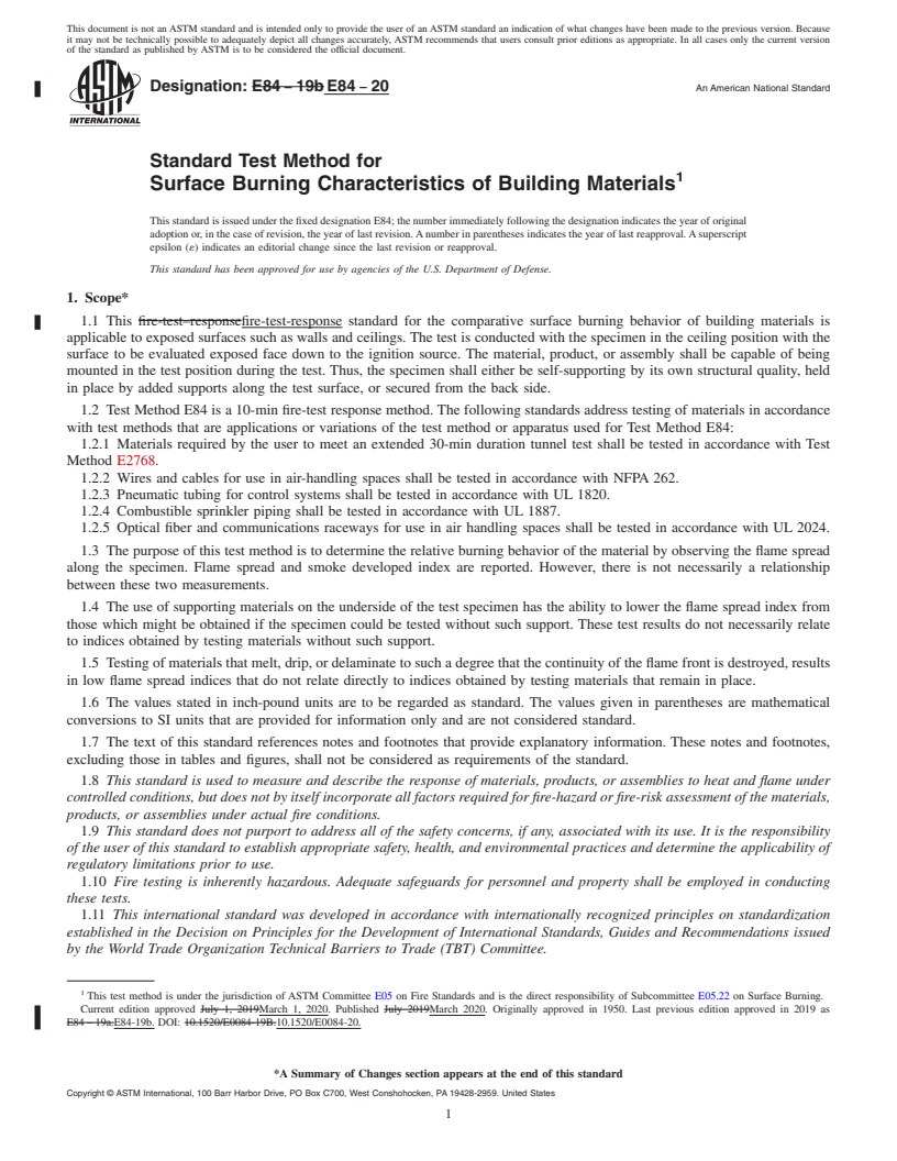 REDLINE ASTM E84-20 - Standard Test Method for  Surface Burning Characteristics of Building Materials