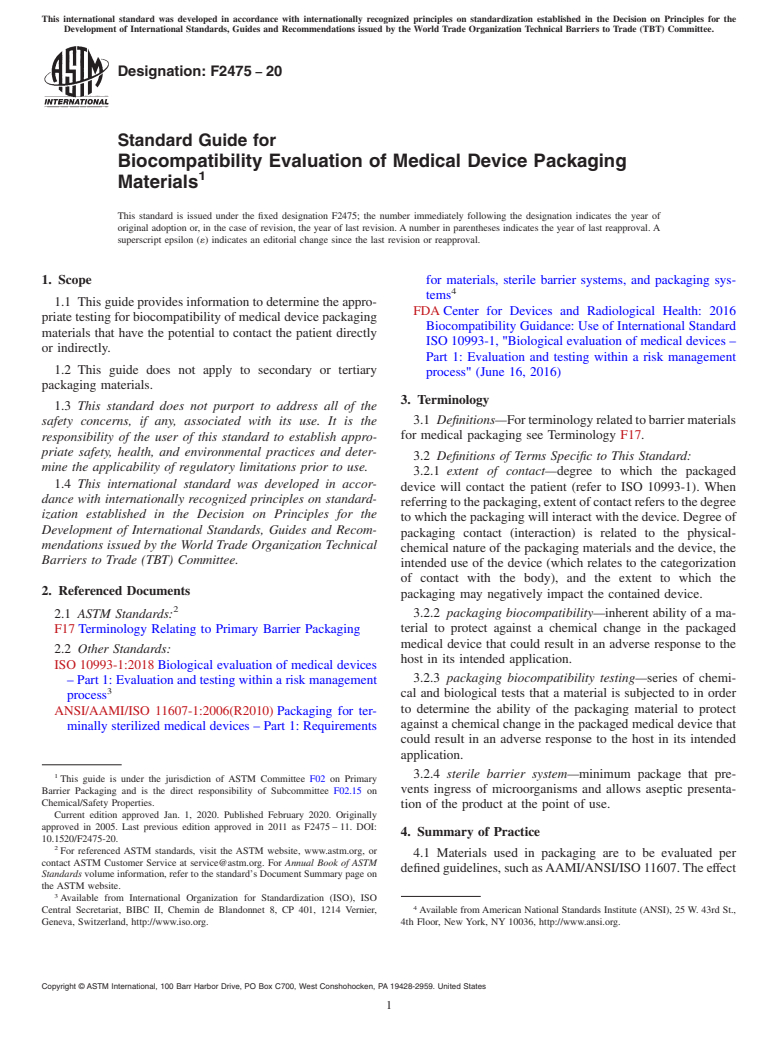 ASTM F2475-20 - Standard Guide for  Biocompatibility Evaluation of Medical Device Packaging Materials