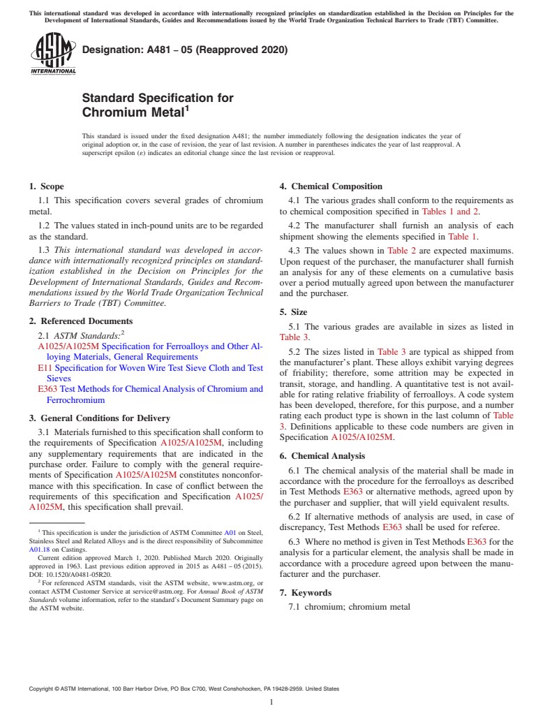 ASTM A481-05(2020) - Standard Specification for  Chromium Metal