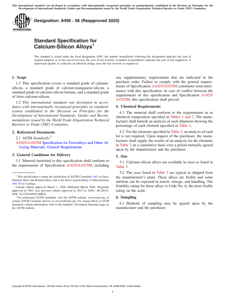 ASTM A495-06(2020) - Standard Specification for Calcium-Silicon Alloys