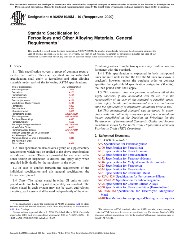 ASTM A1025/A1025M-10(2020) - Standard Specification for Ferroalloys and Other Alloying Materials, General Requirements