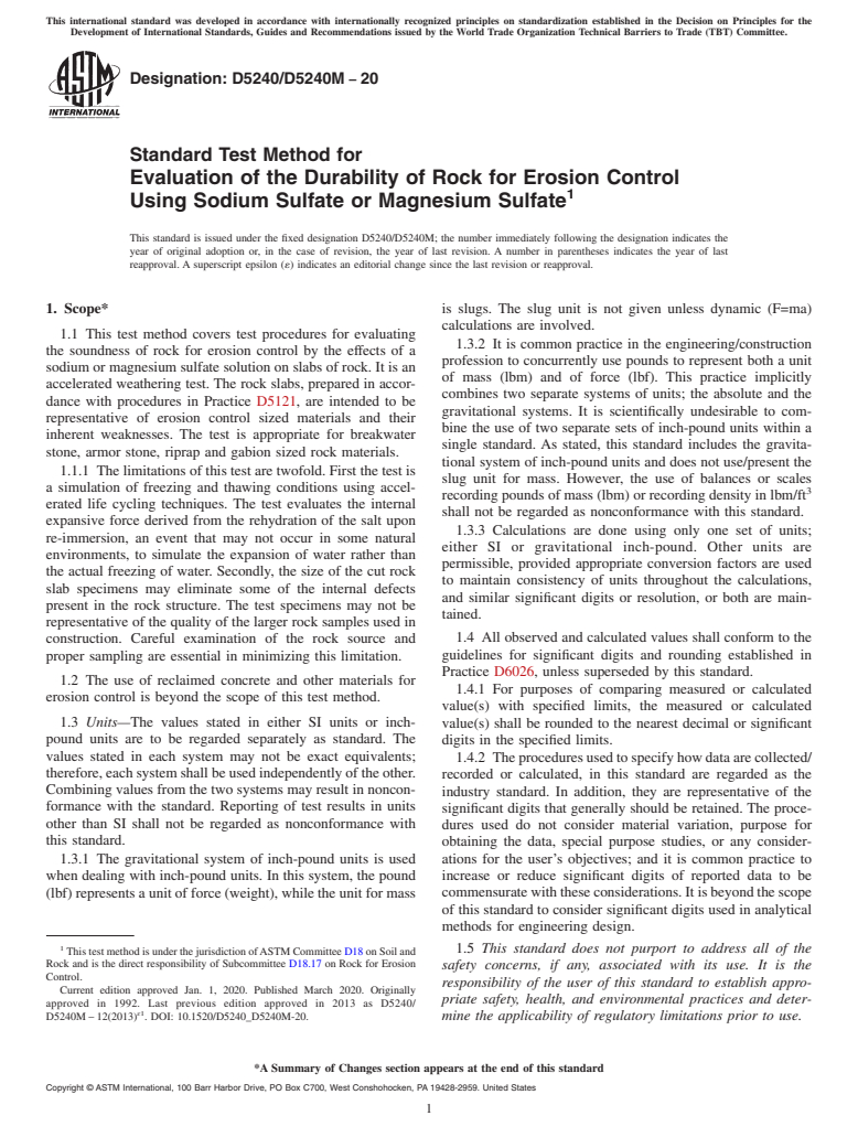 ASTM D5240/D5240M-20 - Standard Test Method for Evaluation of the Durability of Rock for Erosion Control Using  Sodium Sulfate or Magnesium Sulfate