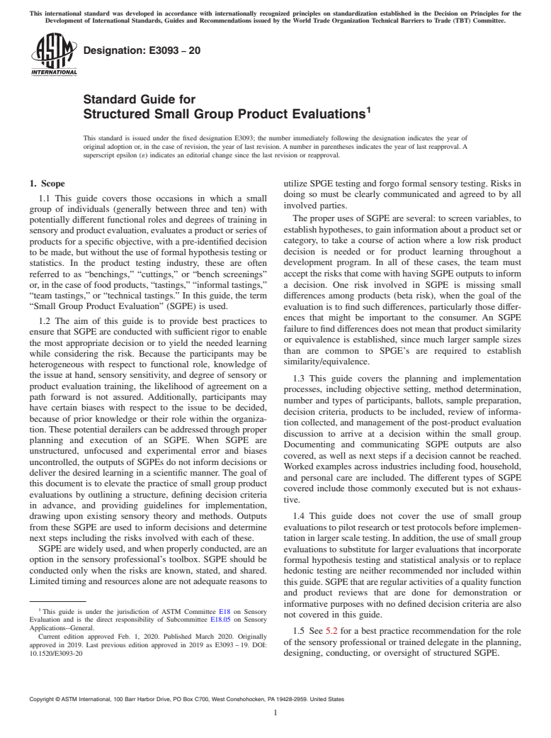 ASTM E3093-20 - Standard Guide for Structured Small Group Product Evaluations