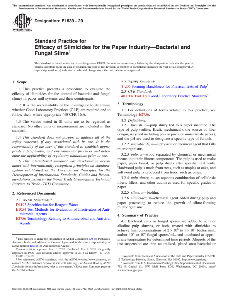 ASTM E1839-20 - Standard Practice for  Efficacy of Slimicides for the Paper Industry&#x2014;Bacterial  and Fungal Slime