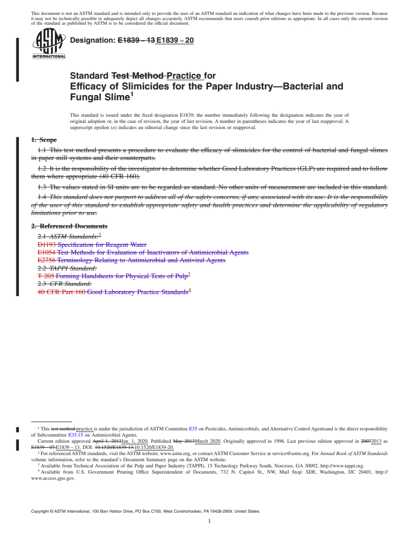 REDLINE ASTM E1839-20 - Standard Practice for  Efficacy of Slimicides for the Paper Industry&#x2014;Bacterial  and Fungal Slime