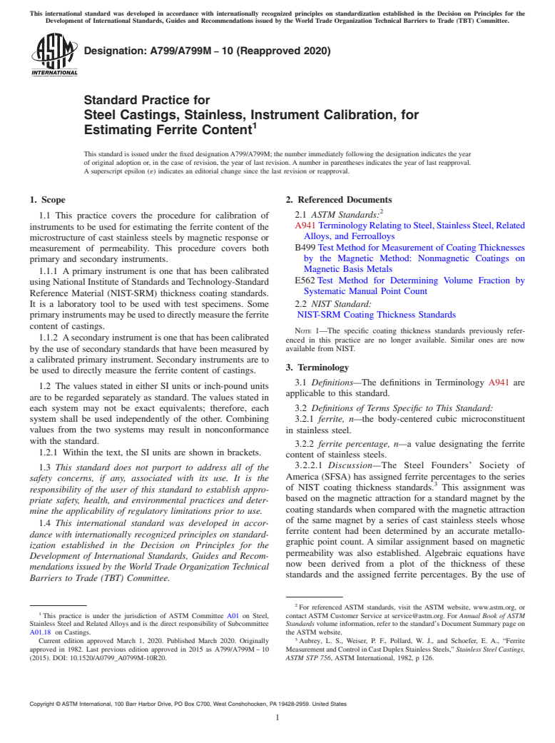 ASTM A799/A799M-10(2020) - Standard Practice for  Steel Castings, Stainless, Instrument Calibration, for Estimating   Ferrite Content