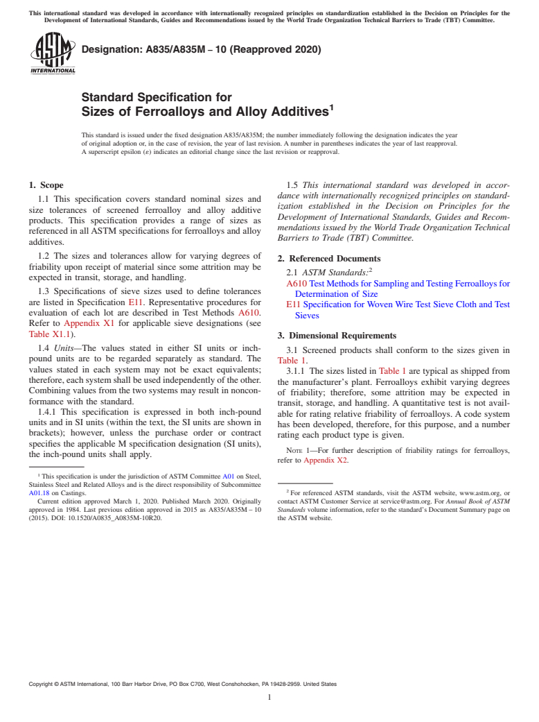 ASTM A835/A835M-10(2020) - Standard Specification for  Sizes of Ferroalloys and Alloy Additives