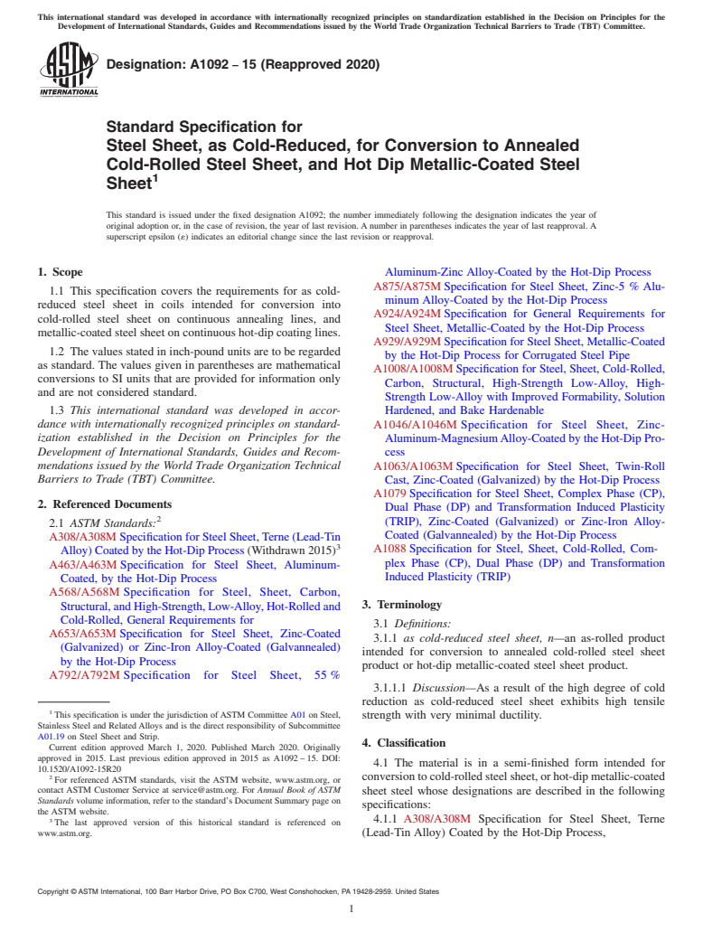 ASTM A1092-15(2020) - Standard Specification for Steel Sheet, as Cold-Reduced, for Conversion to Annealed Cold-Rolled  Steel Sheet, and Hot Dip Metallic-Coated Steel Sheet