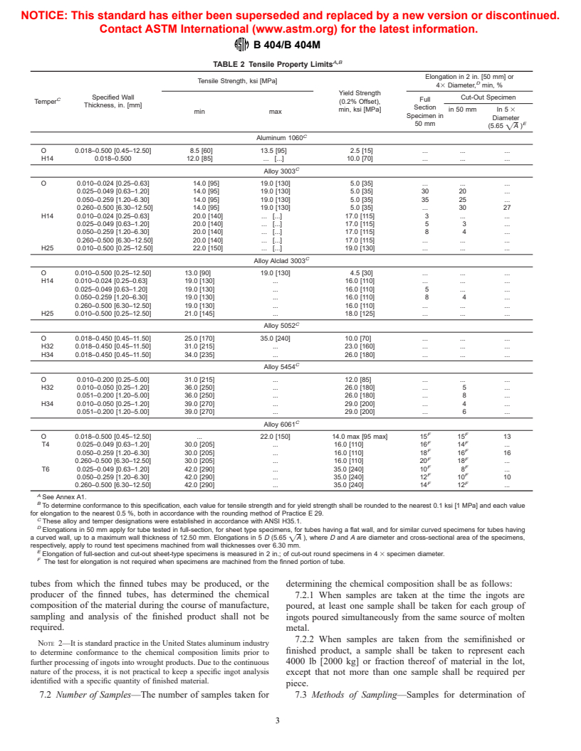 ASTM B404/B404M-00 - Standard Specification for Aluminum and Aluminum-Alloy Seamless Condenser and Heat-Exchanger Tubes with Integral Fins