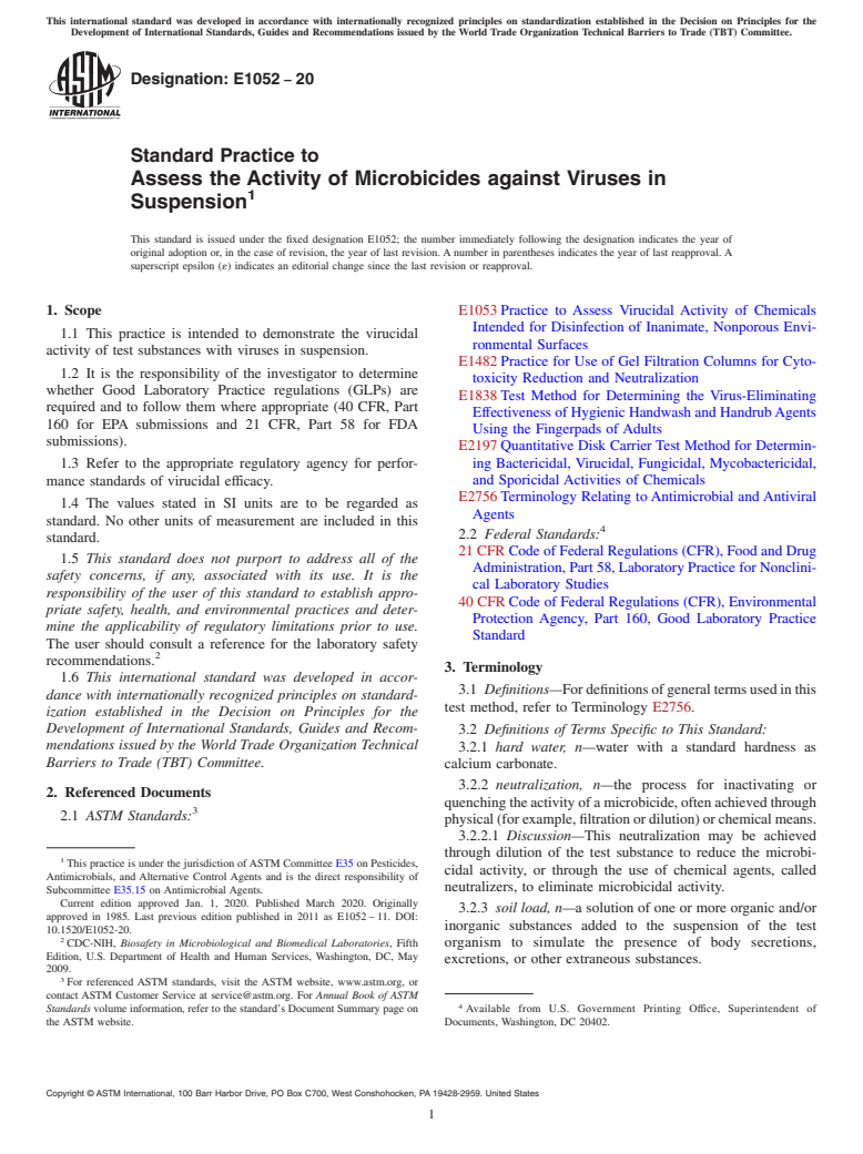 ASTM E1052-20 - Standard Practice to  Assess the Activity of Microbicides against Viruses in Suspension