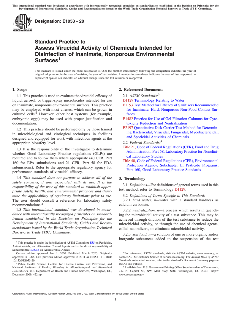 ASTM E1053-20 - Standard Practice to  Assess Virucidal Activity of Chemicals Intended for Disinfection  of Inanimate, Nonporous Environmental Surfaces