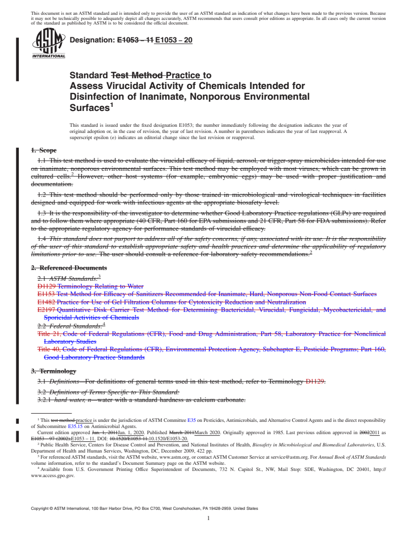 REDLINE ASTM E1053-20 - Standard Practice to  Assess Virucidal Activity of Chemicals Intended for Disinfection  of Inanimate, Nonporous Environmental Surfaces