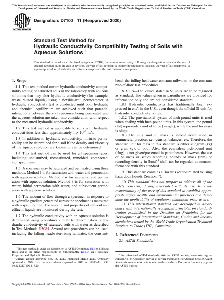 ASTM D7100-11(2020) - Standard Test Method for  Hydraulic Conductivity Compatibility Testing of Soils with   Aqueous Solutions