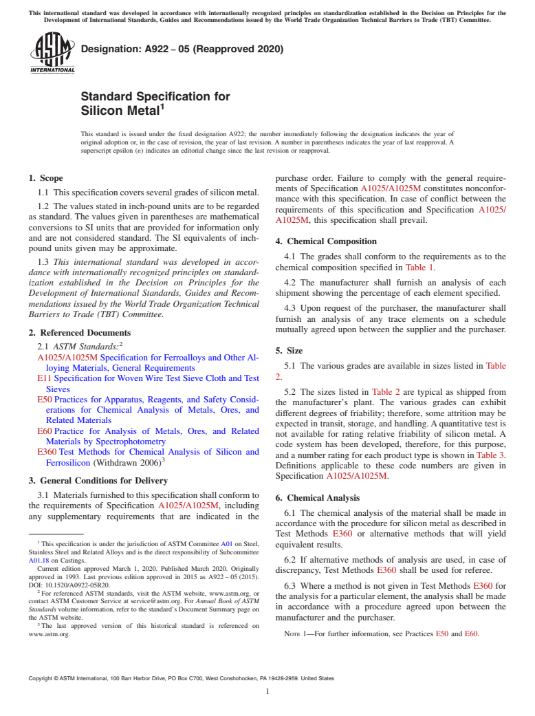 ASTM A922-05(2020) - Standard Specification for Silicon Metal