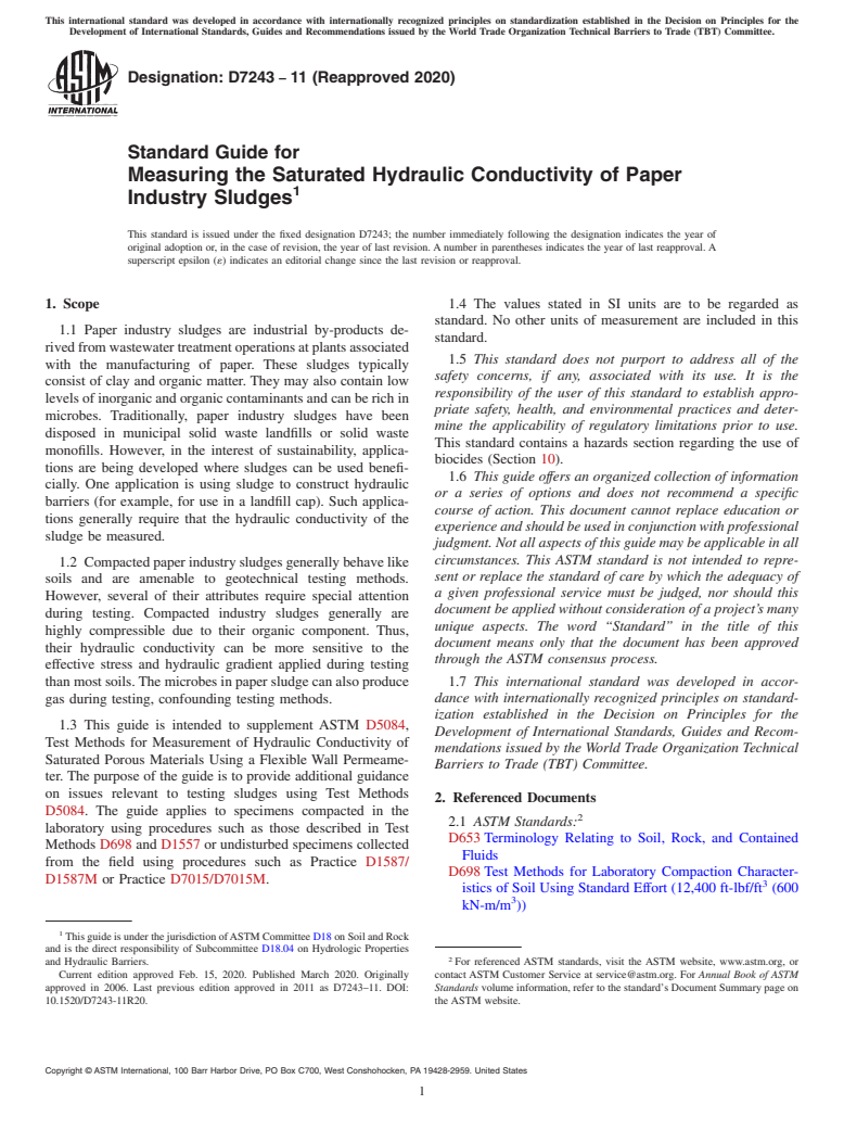 ASTM D7243-11(2020) - Standard Guide for Measuring the Saturated Hydraulic Conductivity of Paper Industry  Sludges