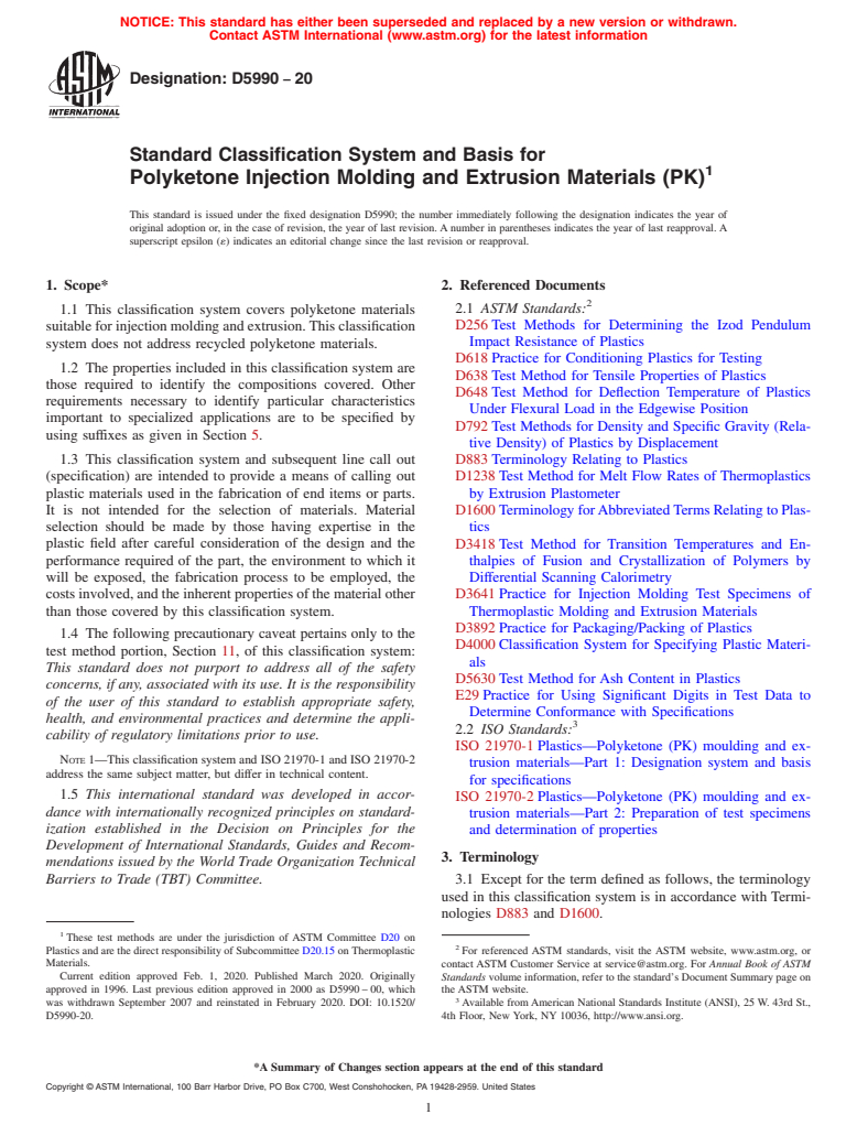 ASTM D5990-20 - Standard Classification System and Basis for Polyketone Injection Molding and Extrusion Materials (PK)