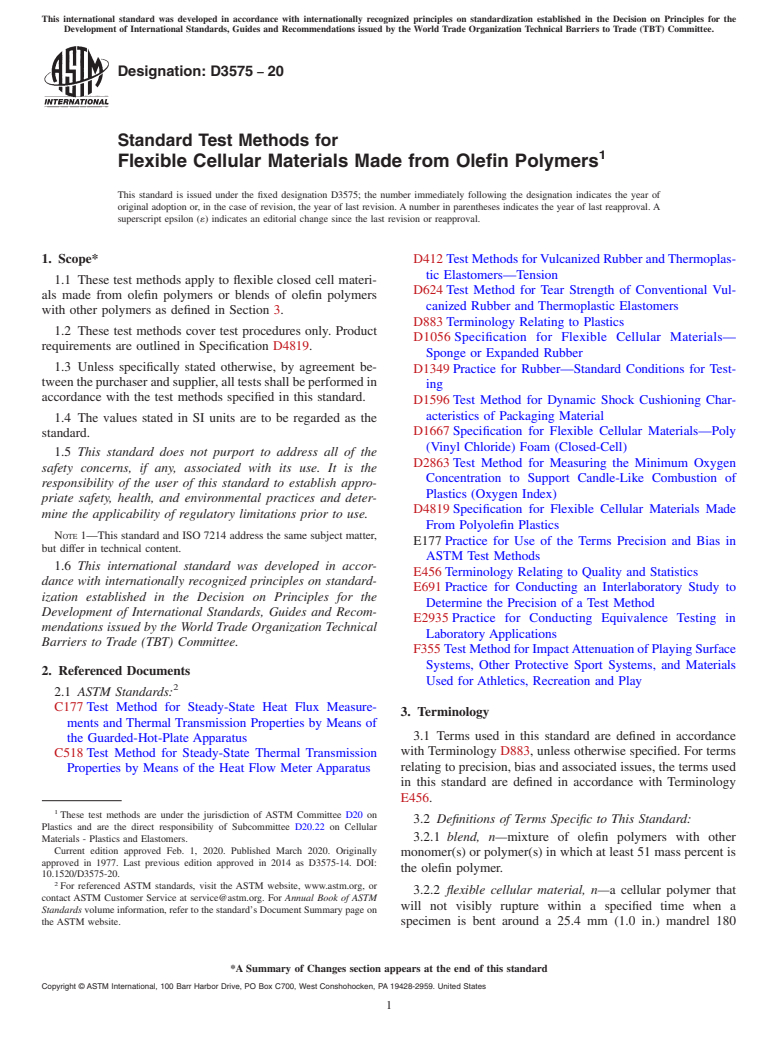 ASTM D3575-20 - Standard Test Methods for Flexible Cellular Materials Made from Olefin Polymers