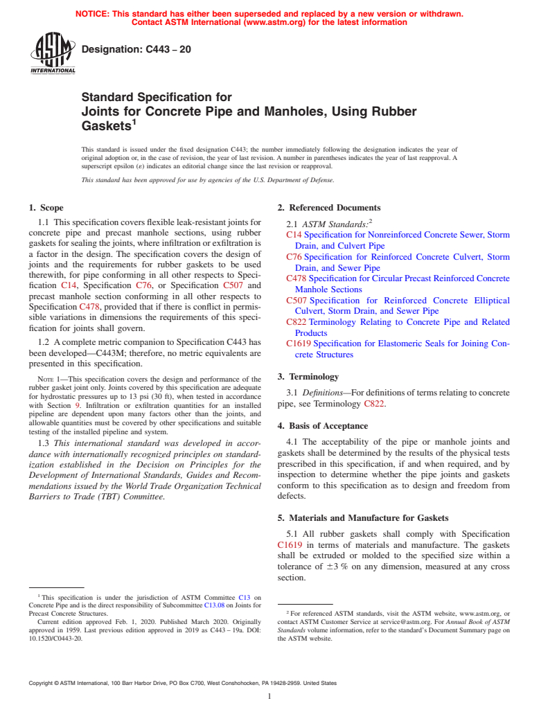 ASTM C443-20 - Standard Specification for Joints for Concrete Pipe and Manholes, Using Rubber Gaskets