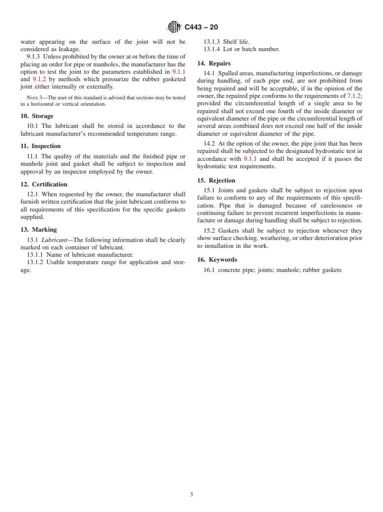 ASTM C443-20 - Standard Specification for Joints for Concrete Pipe and Manholes, Using Rubber Gaskets