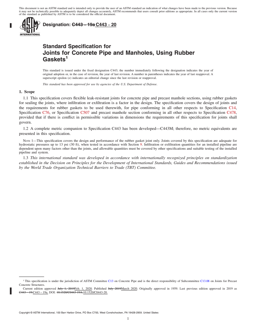 REDLINE ASTM C443-20 - Standard Specification for Joints for Concrete Pipe and Manholes, Using Rubber Gaskets