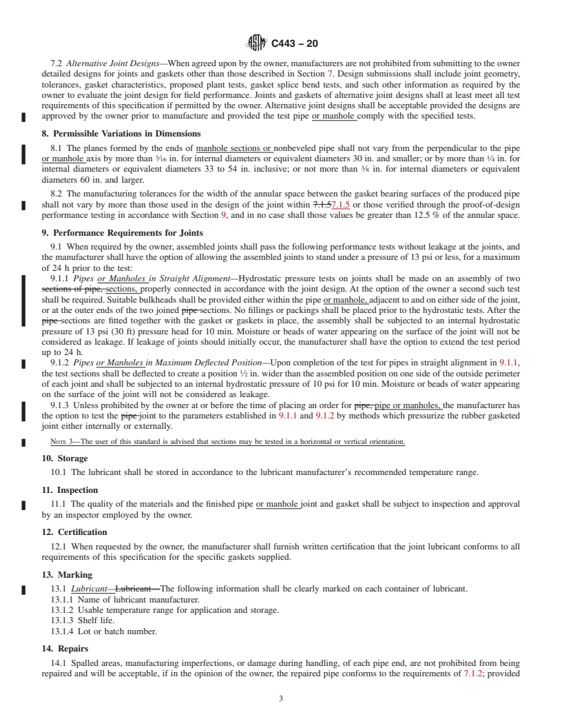 REDLINE ASTM C443-20 - Standard Specification for Joints for Concrete Pipe and Manholes, Using Rubber Gaskets