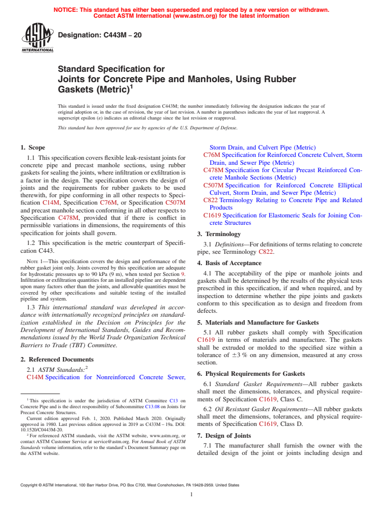 ASTM C443M-20 - Standard Specification for Joints for Concrete Pipe and Manholes, Using Rubber Gaskets  (Metric)