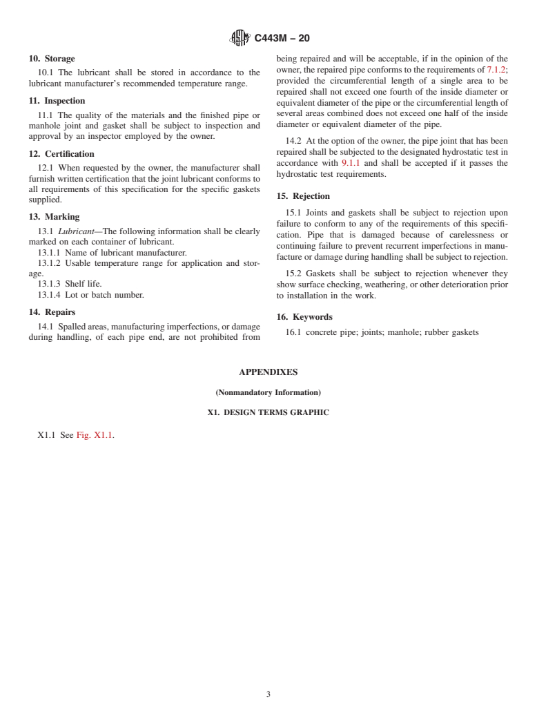 ASTM C443M-20 - Standard Specification for Joints for Concrete Pipe and Manholes, Using Rubber Gaskets  (Metric)