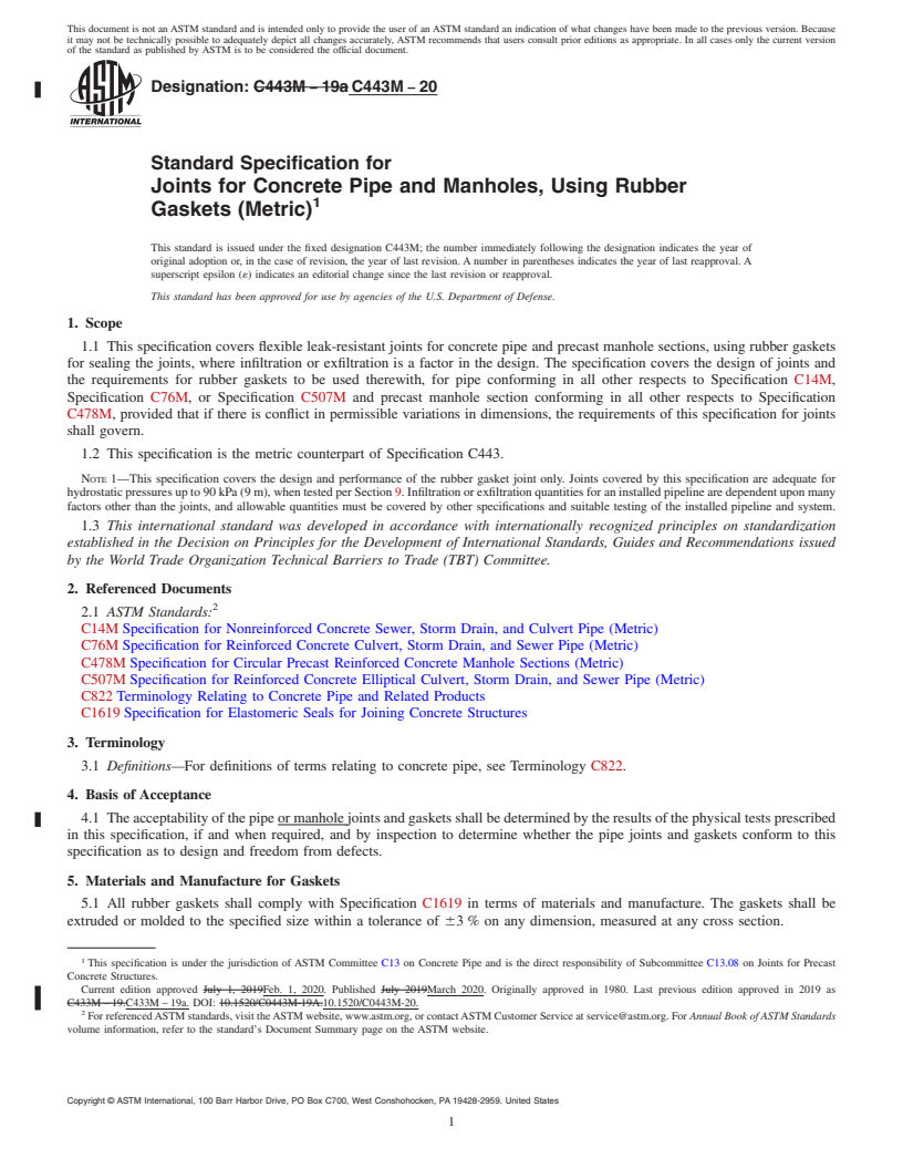 REDLINE ASTM C443M-20 - Standard Specification for Joints for Concrete Pipe and Manholes, Using Rubber Gaskets  (Metric)