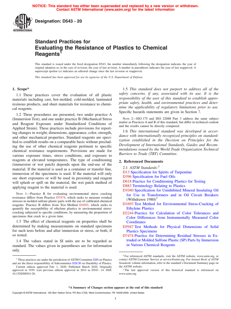 ASTM D543-20 - Standard Practices for Evaluating the Resistance of Plastics to Chemical Reagents