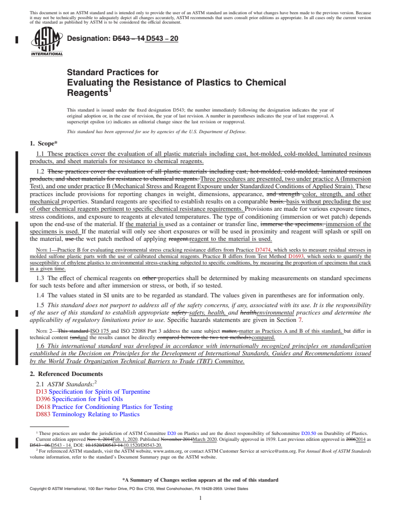 REDLINE ASTM D543-20 - Standard Practices for Evaluating the Resistance of Plastics to Chemical Reagents