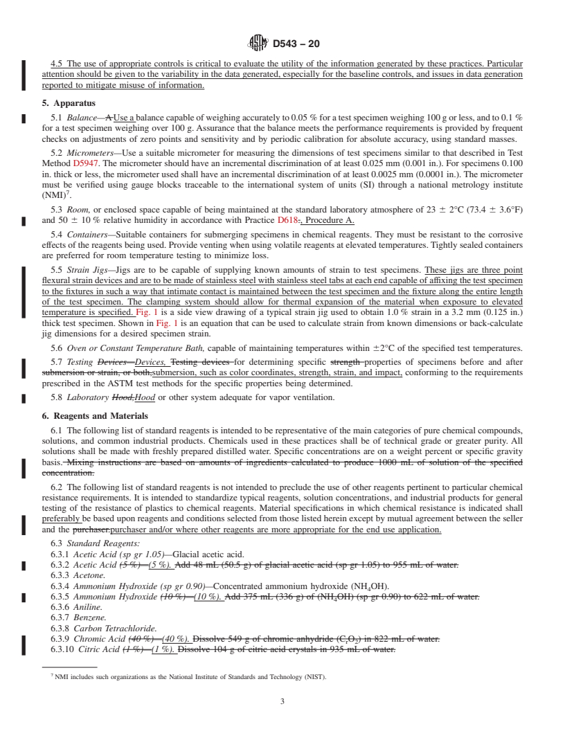 REDLINE ASTM D543-20 - Standard Practices for Evaluating the Resistance of Plastics to Chemical Reagents