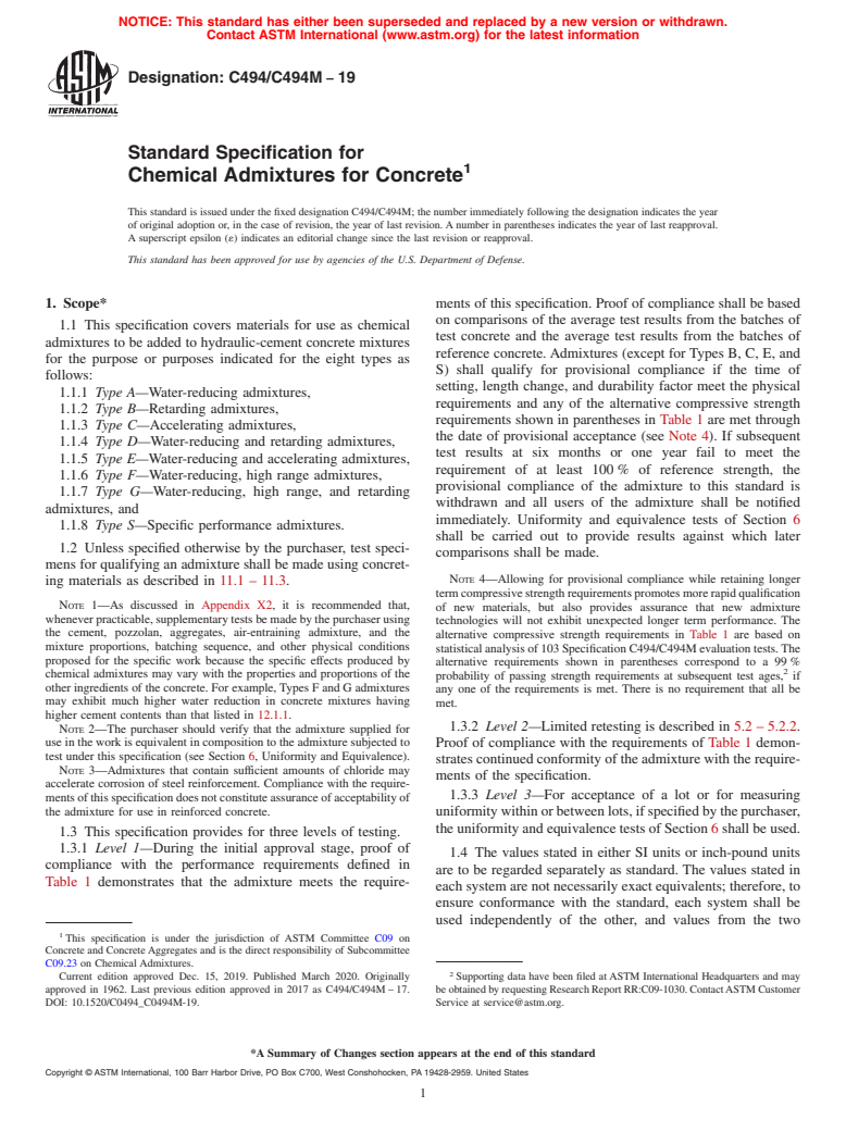 ASTM C494/C494M-19 - Standard Specification for  Chemical Admixtures for Concrete