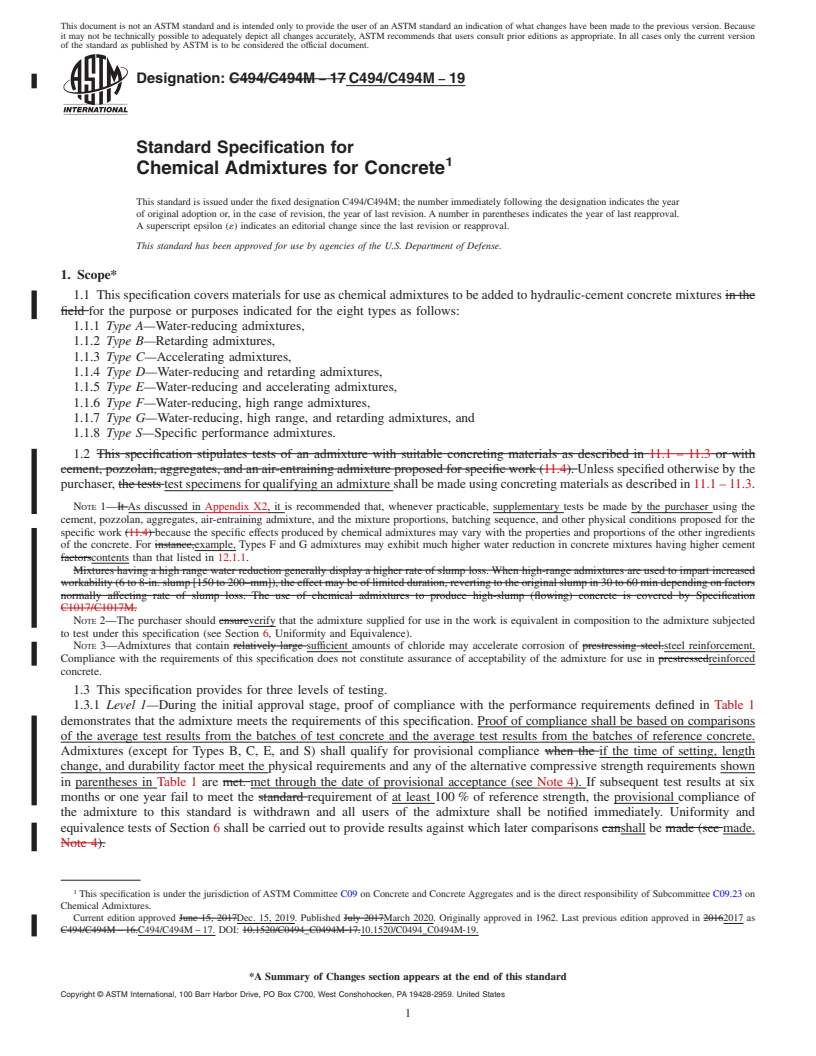 REDLINE ASTM C494/C494M-19 - Standard Specification for  Chemical Admixtures for Concrete