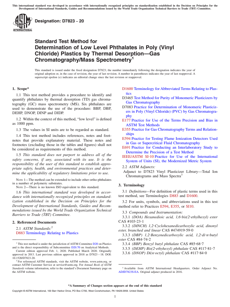 ASTM D7823-20 - Standard Test Method for Determination of Low Level Phthalates in Poly (Vinyl Chloride)  Plastics by Thermal Desorption&#x2014;Gas Chromatography/Mass Spectrometry