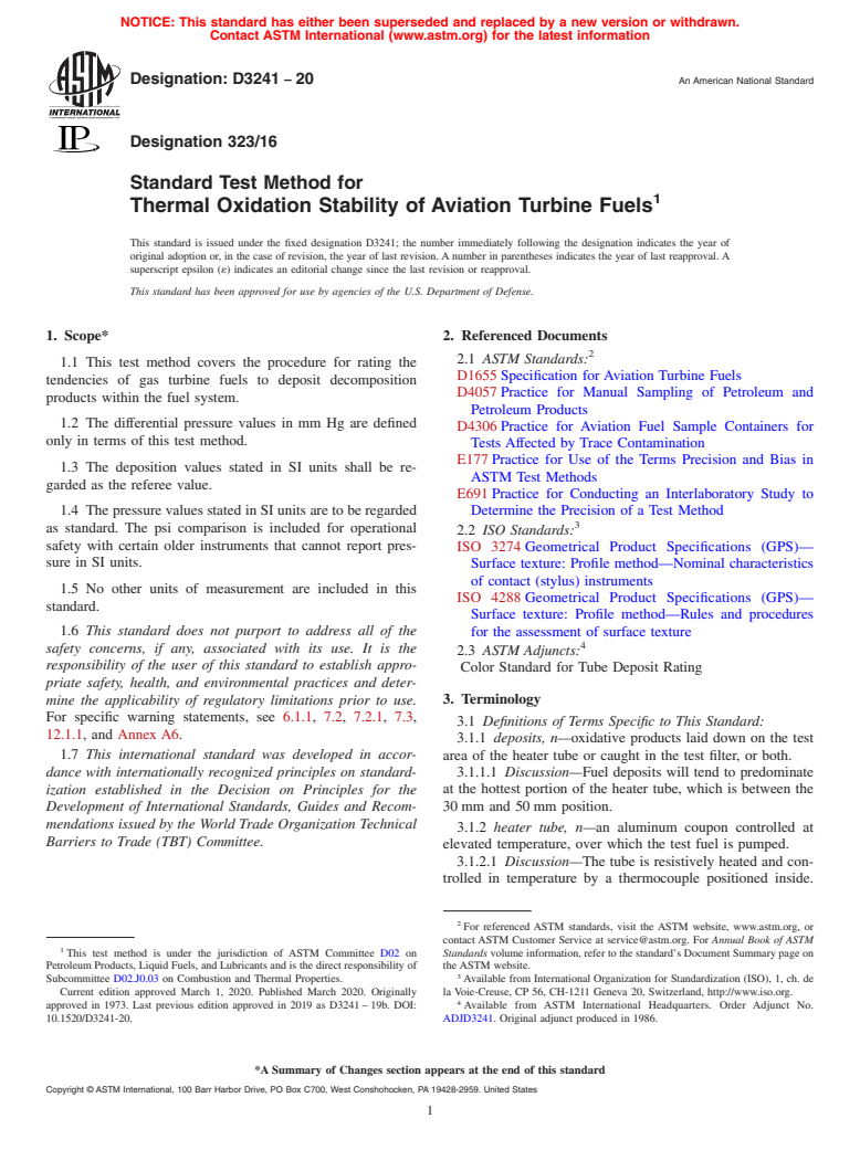 ASTM D3241-20 - Standard Test Method for Thermal Oxidation Stability of Aviation Turbine Fuels