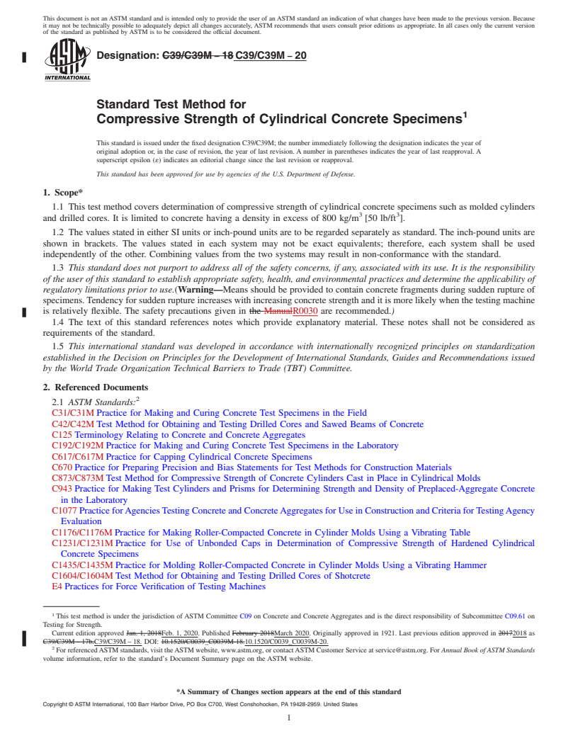 REDLINE ASTM C39/C39M-20 - Standard Test Method for  Compressive Strength of Cylindrical Concrete Specimens