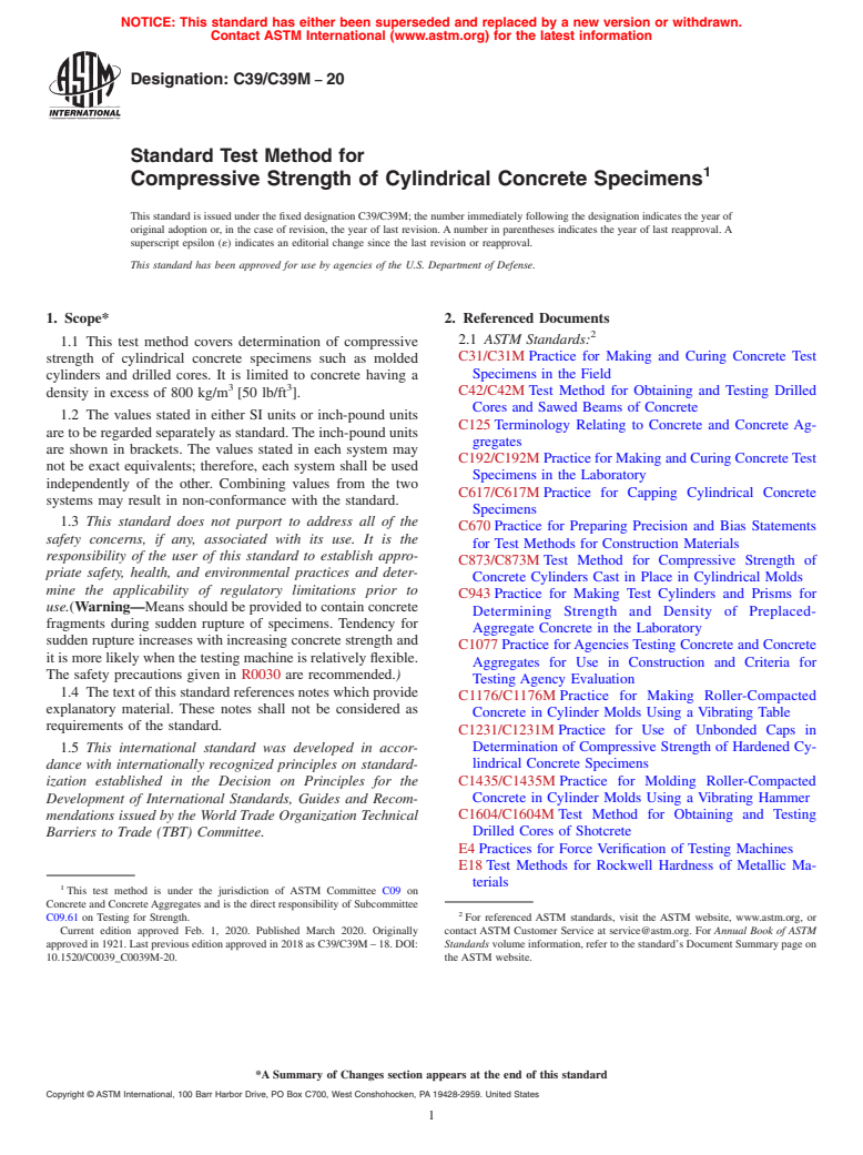 ASTM C39/C39M-20 - Standard Test Method for  Compressive Strength of Cylindrical Concrete Specimens