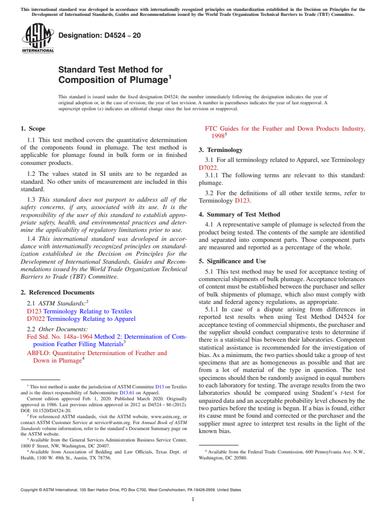 ASTM D4524-20 - Standard Test Method for  Composition of Plumage