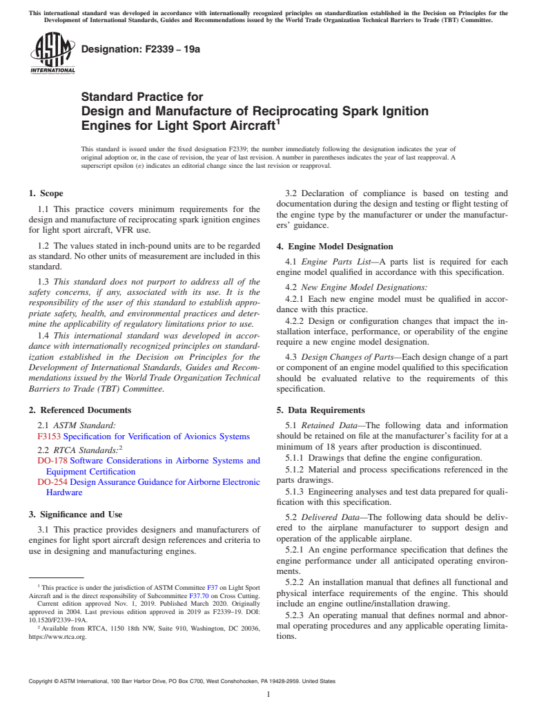 ASTM F2339-19a - Standard Practice for Design and Manufacture of Reciprocating Spark Ignition Engines  for Light Sport Aircraft