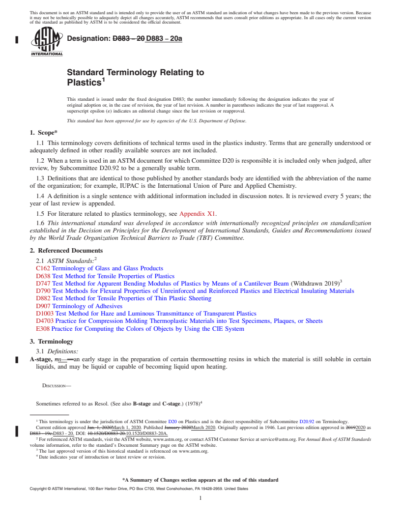 REDLINE ASTM D883-20a - Standard Terminology Relating to Plastics