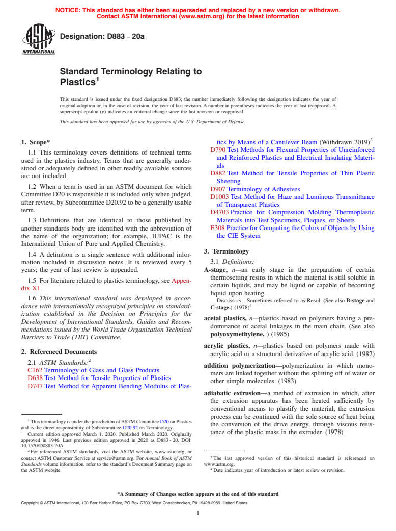 ASTM D883-20a - Standard Terminology Relating to Plastics