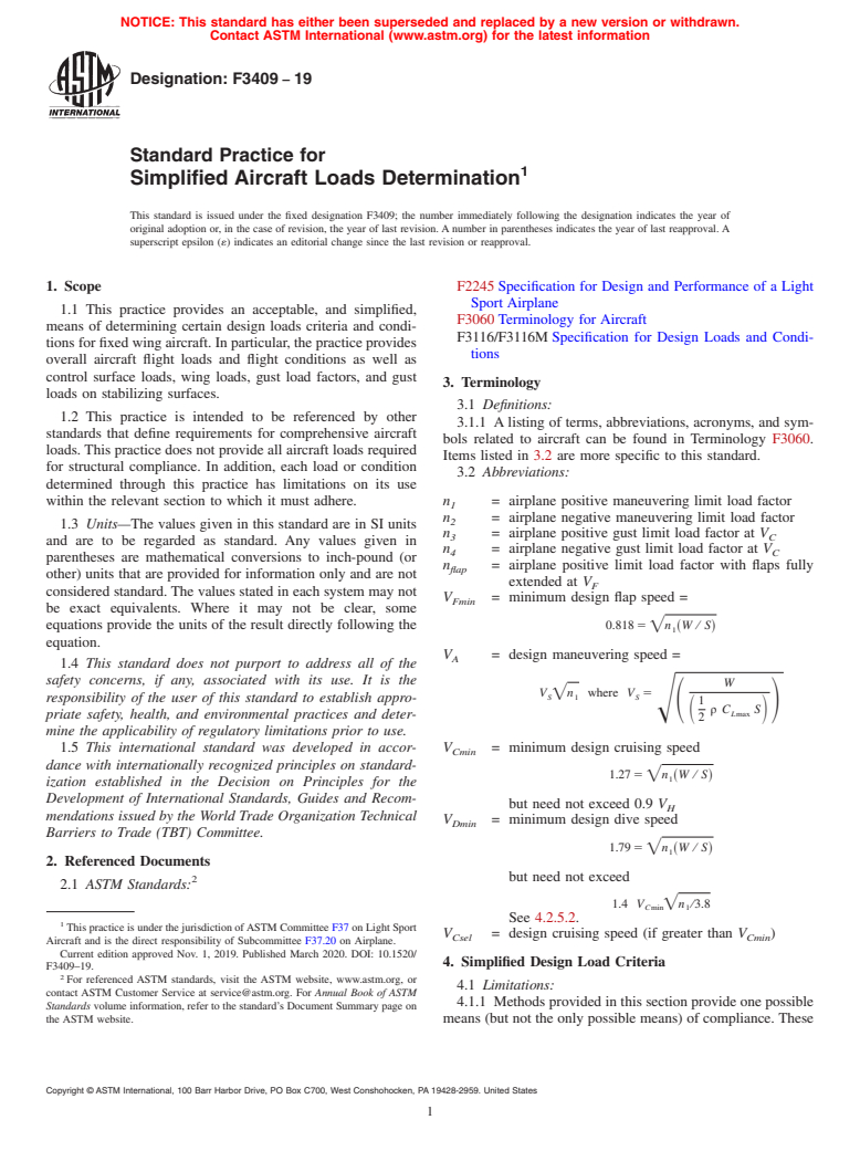 ASTM F3409-19 - Standard Practice for Simplified Aircraft Loads Determination